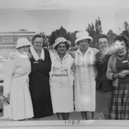 Black and white photo of six female members of Willowdale Lawn Bowling Club in 1965. 