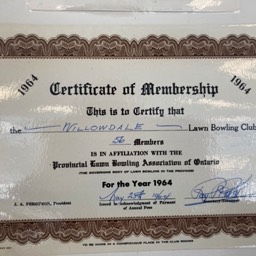 Certificate of membership of Willowdale Lawn Bowling Club in 1964, showing 56 members. 